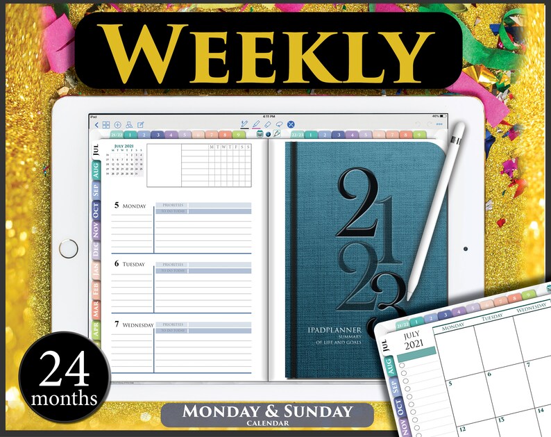May include: A digital planner app on an iPad screen with a blue cover and the text "IPADPLANNER" and "2021" on the cover. The app has a weekly calendar view with a calendar overview for the year 2021. The app is designed for planning and organizing tasks and appointments.