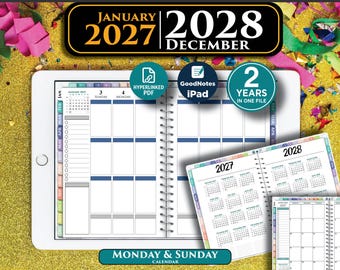 May include: A digital planner displayed on a tablet screen, featuring a two-year calendar from January 2027 to December 2028. The interface includes hyperlinked PDF tabs, a weekly layout with Sunday and Monday headers, and a 2-year file indicator.