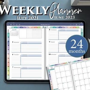 May include: A digital planner app on a tablet screen, showing a weekly view with dates from July 2021 to June 2023. The app has a colorful design with tabs for each month. The text "24 months" is displayed in a blue circle.
