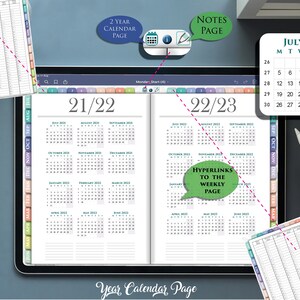 May include: A digital planner open to a two-year calendar page, showing the months of June 2021 through June 2023. The calendar is divided into two pages, labeled "21/22" and "22/23". A note on the right page says "Hyperlinks to the Weekly Page".