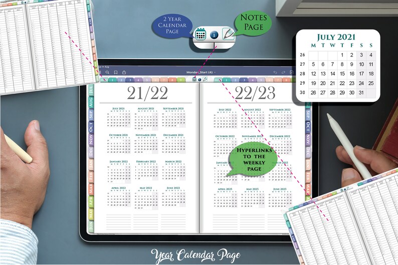 May include: A digital planner open to a two-year calendar page, showing the months of June 2021 through June 2023. The calendar is divided into two pages, labeled "21/22" and "22/23". A note on the right page says "Hyperlinks to the Weekly Page".