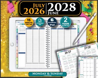 Digital Weekly Planner: 2026-2027, 15-Minute Increments (GoodNotes, Notability Template)