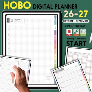 Può includere: Un'agenda digitale intitolata HOBO DIGITAL PLANNER 26-27 OCTOBER-SEPTEMBER con un layout di 2 pagine al giorno. L'agenda presenta un'interfaccia a griglia, viste del calendario mensile e uno stilo bianco. Il testo include PDF, link e icone.