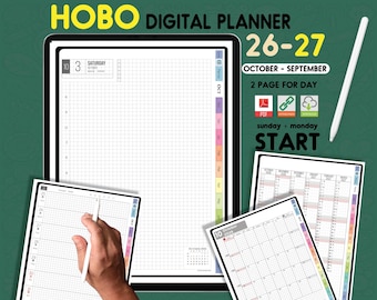 May include: A digital planner titled HOBO DIGITAL PLANNER 26-27 OCTOBER-SEPTEMBER with a 2 page for day layout. The planner features a grid interface, monthly calendar views, and a white stylus. Text includes PDF, hyperlinks, and download icons.