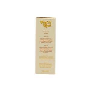 May include: A beige skincare product box with the words "Feel the Heal" in a retro font. The box contains product information, including directions and benefits. The text is in a dark brown color.