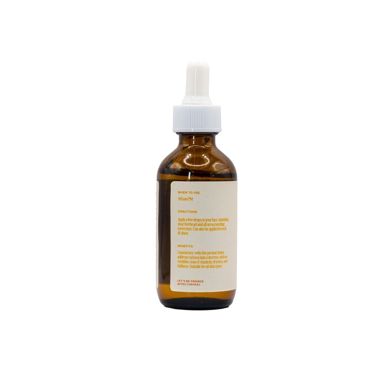May include: A brown glass bottle with a white dropper top. The bottle has a white label with text. The bottle is filled with a clear liquid. The label includes the text "WHEN TO USE", "DIRECTIONS", and "BENEFITS".
