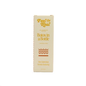 May include: A beige box with the words "Feel the Heal" in a yellow, stylized font. The box reads "Botox in a Bottle" and includes text about skin tightening and wrinkle reduction. The box has a wavy design in brown.