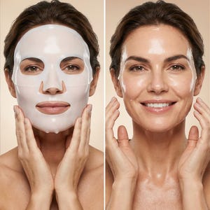 May include: A split image shows a person before and after using a facial mask. The left side shows the person wearing a white sheet mask. The right side shows the person's face after use, with a radiant glow. Text reads "Before Use" and "4 Hours After Use."