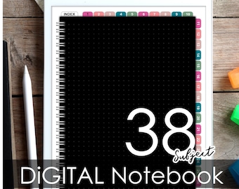 Black digital notebook ( black dotted template) with 38 hyperlinked tabs for 38 subject for Goodnotes, Notability