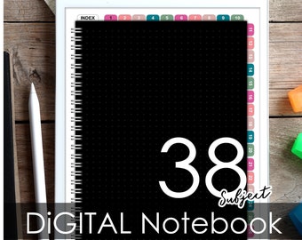 Black digital notebook ( black dotted template) with 38 hyperlinked tabs for 38 subject for Goodnotes, Notability