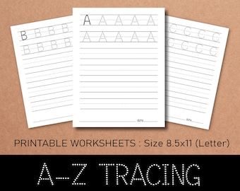 A-Z Tracing Worksheet, Preschool worksheet, handwriting worksheet, Letters Tracing for Kids  : Printable worksheet size 8.5x11" (letter)