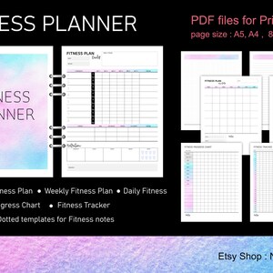 Fitness planner printable, Fitness log, Fitness tracker, Exercise log, Workout log : PDF files for printing, size 8.5x11&quot; (letter), A4, A5