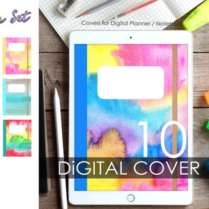May include: A set of 10 digital planner covers featuring watercolor designs in various colors. The covers are designed for use with digital planners and notebooks. The text "10 DIGITAL COVER" is displayed on the image.