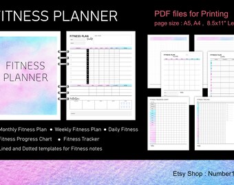 Fitness-Planer zum Ausdrucken, Fitness-Tagebuch, Fitness-Tracker, Übungslog, Workout log: PDF-Dateien zum Ausdrucken, Größe 8,5x11" (Letter), A4, A5