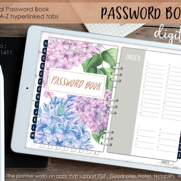 Hortensie-Passwortbuch, Passwortbuch mit Tabs, Organizer-Passwortbuch, digitales Notizbuch, Passwort-Notizbuch, digitales Passwortbuch