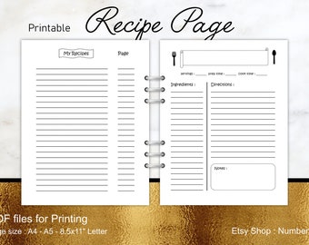 recipe template pdf, printable recipe page, personalized recipe template, recipe book template, Recipe Card Template : size, A5, A4, Letter