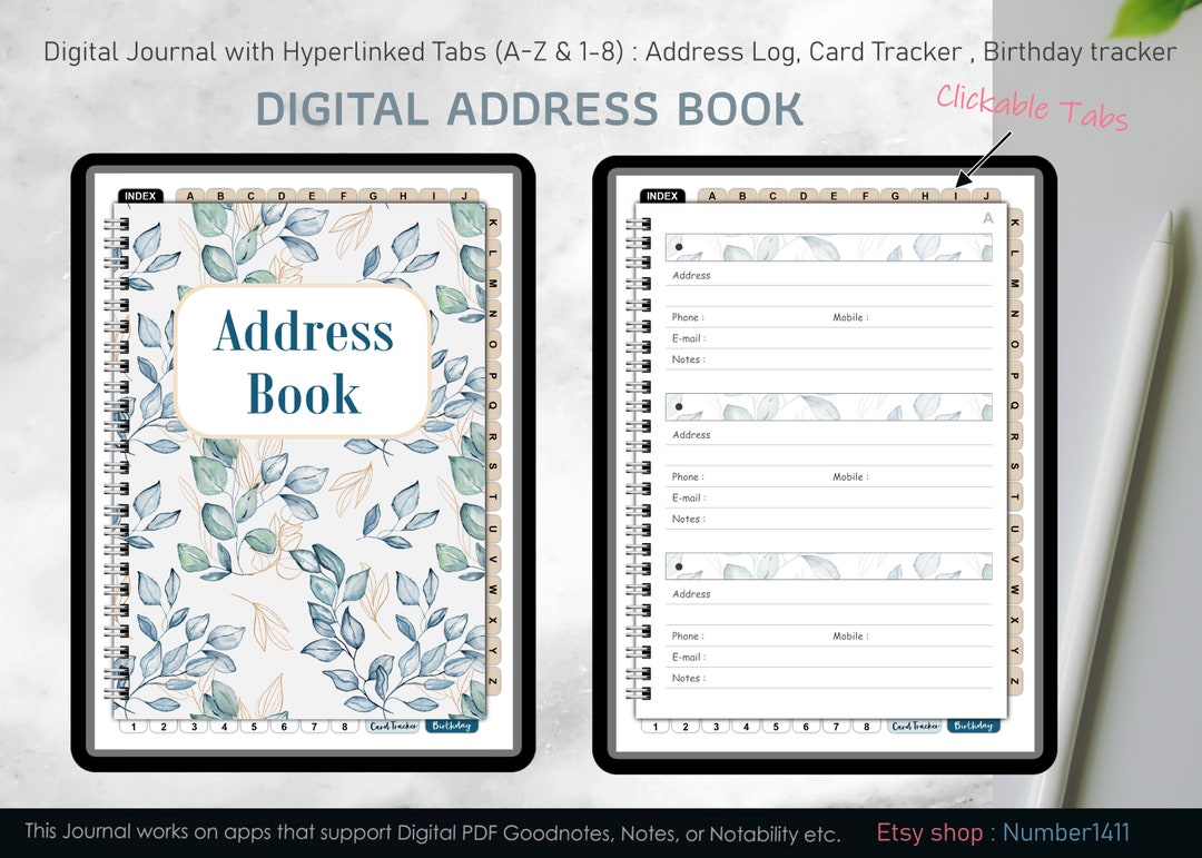 Address Book and Card Tracker, Hyperlinked Tabs, Blue Leaf Pattern ...