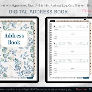 Address Book and Card Tracker, hyperlinked tabs, blue leaf pattern : digital Notebook, goodnotes notebook, contacts book, birthday tracker