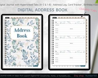 Address Book and Card Tracker, hyperlinked tabs, blue leaf pattern : digital Notebook, goodnotes notebook, contacts book, birthday tracker