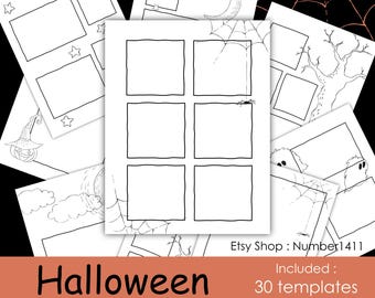 Halloween, plantilla de cómic en blanco, plantilla de dibujos animados, tira cómica, dibujo de cómic, hoja de trabajo de arte para niños: archivo PDF imprimible, tamaño carta 8,5 x 11 pulgadas
