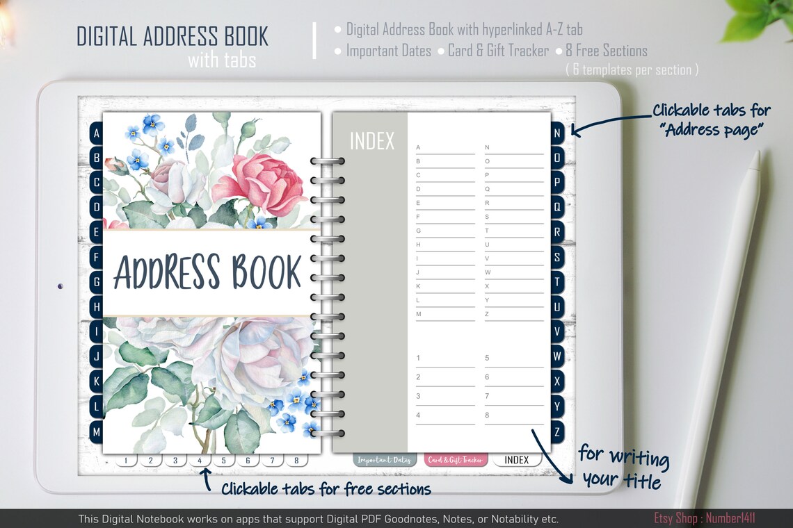 Address Book digital notebook with tabs goodnotes phone Etsy