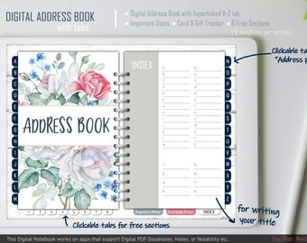 Address Book, digital notebook with tabs goodnotes, phone address book, contacts book, Christmas card address, Address & Birthday Book