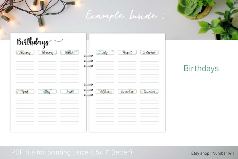 May include: A printable birthday planner with a white background and green and gold accents. The planner is divided into 12 sections, one for each month of the year. Each section has a space for writing names and dates. The planner is 8.5 inches by 11 inches.