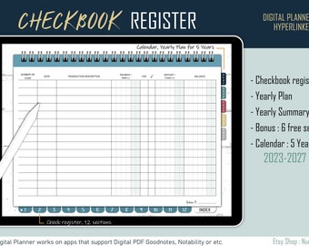Checkbook Register with 5 year calendar, Digital planner with hyperlinked tabs for check register l Goodnotes Planner l Horizontal planner