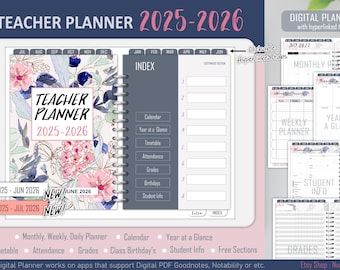 Teacher planner 2025-2026, digital teacher planner, academic planner, lesson planner, goodnotes planner, vintage flower cover