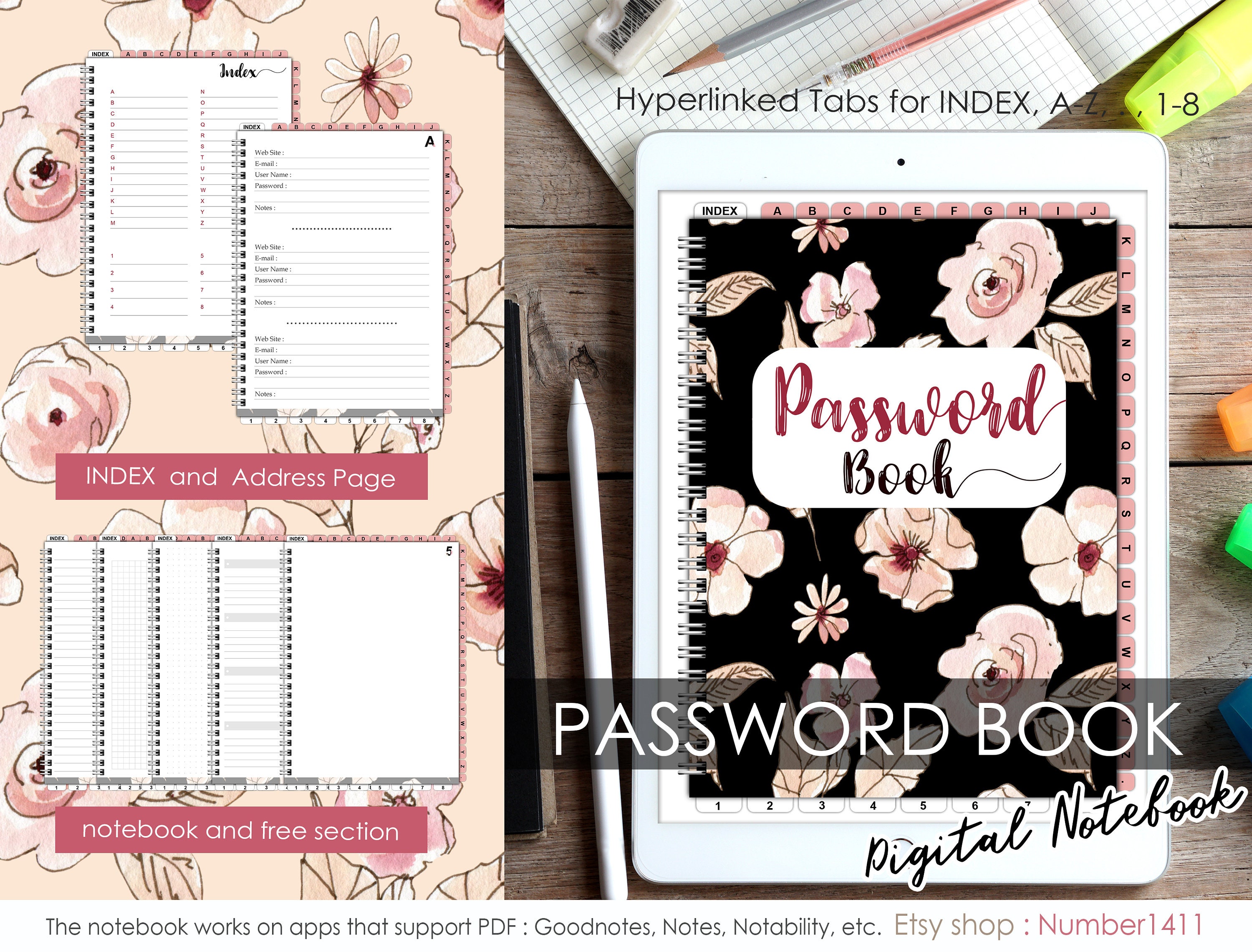 Password Book, Password Keeper, Digital Planner Goodnotes, Organizer