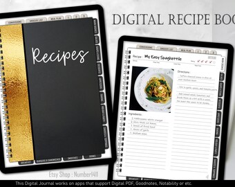 Blank digital cookbook, Blank recipe book, Digital recipe book, Personalized recipe book, Family recipe book, for ipad, tablet : luxury gold
