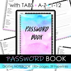 Könnte beinhalten: Ein digitales Passwortbuch mit einem Aquarell-Umschlag in Blautönen und Rosa. Der Umschlag trägt den Text "PASSWORD BOOK" in Schwarz. Das Buch hat über 190 Seiten und 39 Hyperlinks.