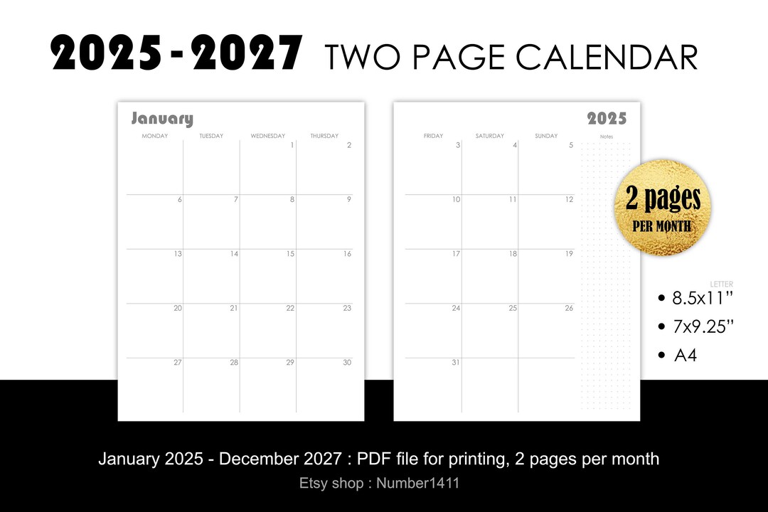 Two Page Calendar 2025-2027 : Printable Monthly Planner / Calendar for 24 Months 2 Years, Start Monday L 8.5x11 letter, 7x9.25, A4 - Etsy two-page-calendar-2025-2027-printable-monthly-planner-calendar-for-24-months-2-years-start-monday-l-8-5x11-letter-7x9-25-a4-etsy