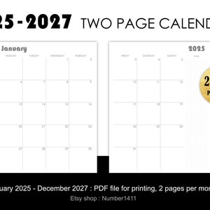 Calendario de dos páginas 2025-2027: planificador/calendario mensual imprimible durante 24 meses (2 años), inicio el lunes l 8,5x11" (carta), 7x9,25", A4