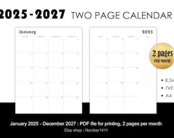 May include: A printable two-page calendar for the years 2025-2027. Each month is displayed on two pages, with a simple grid layout. The calendar is available in Letter, 8.5x11 inches, 7x9.25 inches, and A4 sizes.