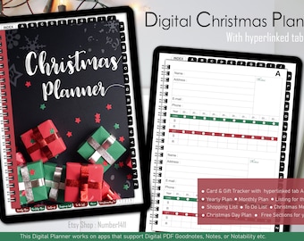 Digital Christmas Planner with hyperlinked tabs, Christmas Card Tracker : Digital planner for ipad, Goodnotes, Notability