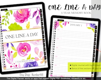 One Line a Day, 5-Jahres-Memory-Buch, Digitales Tagebuch für 5 Jahre, süße Blume : Digitaler Planer für Goodnotes, Notability