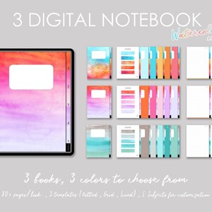May include: Three digital notebook covers with watercolour designs in pink, orange, and blue. Each cover has a title bar, index, and 5 subject tabs. The text on the image reads "3 DIGITAL NOTEBOOK Watercolor COVER" and "3 books, 3 colours to choose from 80+ pages/ book, 3 templates (Dotted, Grid, Lined), 5 Subjects for customization".