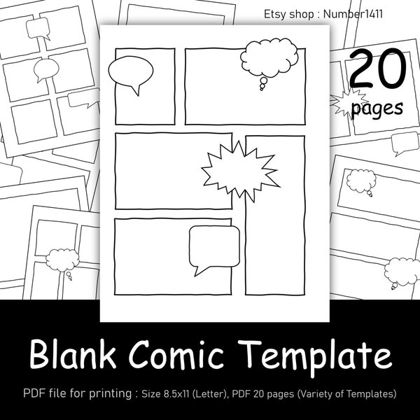 Blank comic template, cartoon template, Comic Strip, Comic Drawing, art worksheet for kids, comic text box : PDF File for printing 8.5x11"