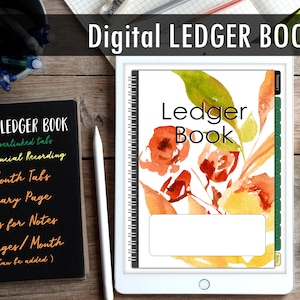 May include: A digital ledger book with a watercolor floral design on the cover. The book has 12 monthly tabs, a summary page, pages for notes, and 5 pages per month. The text "Ledger Book" is written in a large font on the cover.