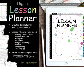 May include: A digital lesson planner with a colorful confetti design. The planner includes sections for weekly, monthly, and yearly lesson plans, as well as a timetable, subject planning, tracker, website log, and reading log. The planner is undated and has hyperlinked tabs.