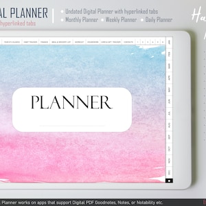Undated Digital Planner with hyperlinked tabs : Time Management, Finance, Meal Plan, Workout, Housework, Contacts Book, Card & Gift Tracker