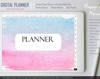 Undated Digital Planner with hyperlinked tabs : Time Management, Finance, Meal Plan, Workout, Housework, Contacts Book, Card & Gift Tracker