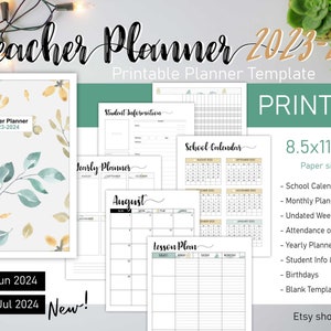 May include: Printable teacher planner template with a watercolor floral design in shades of green and yellow. The planner includes a school calendar, monthly planner, lesson plans, and student information pages. The paper size is 8.5x11 inches (letter).