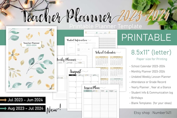 Printable Teacher Planner 2023-2024, teacher planner template, Academic Planner, lesson planner, PDF file for printing : size 8.5x11" letter