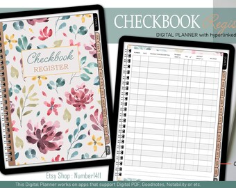 Digital Checkbook Register, Digital planner with hyperlinked tabs for check register l Goodnotes Planner