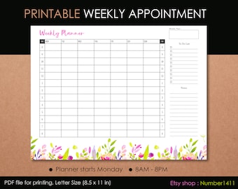 Printable Hourly Appointment, Weekly planner, Flower art border : Monday-Sunday, PDF size 8.5x11" (letter), personalized appointment planner
