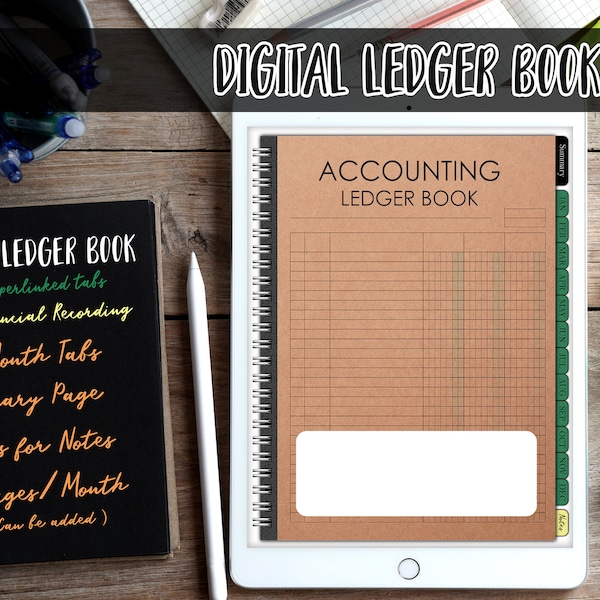 Digital ledger book with month tabs for goodnotes ( A Notebook for Recording : personal expense , accounting for small business , etc )