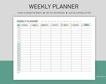 Hourly Planner, Weekly Planner for printing l Printable Weekly Planner l Weekly Planner Template l PDF files : 8.5x11 Letter, Green Leaf