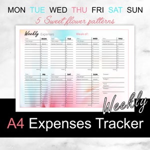 May include: A printable weekly expenses tracker with a pink and blue watercolour background. The tracker is divided into seven columns for each day of the week, with space for daily budget, expense description, and amount. The tracker also includes a section for income, total expenses, and balance.